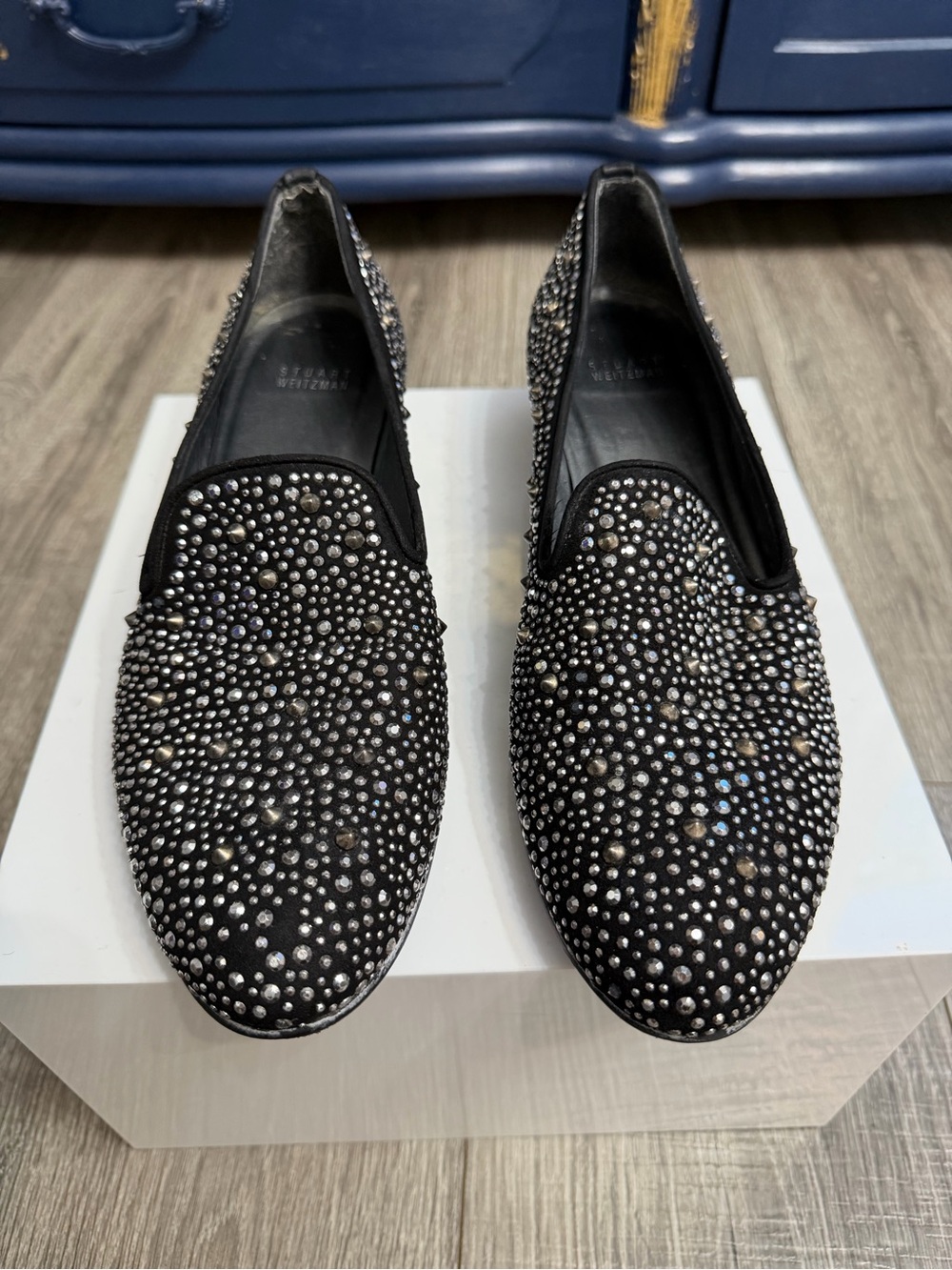 Stuart Weitzman Black Crystal & Smoking Loafers size 9.5